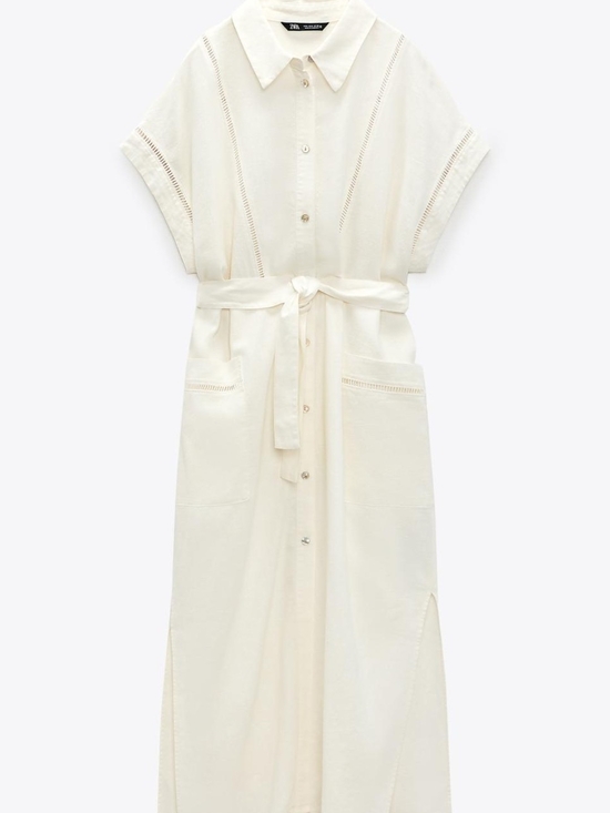 Zara Dresses & Skirts - ZARA Cream Button-Front Belted Linen Dress